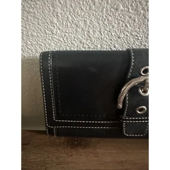 Vintage Coach Black Leather Single Stitch Silver Buckle Tri-Fold Wallet - Picture 2 of 14